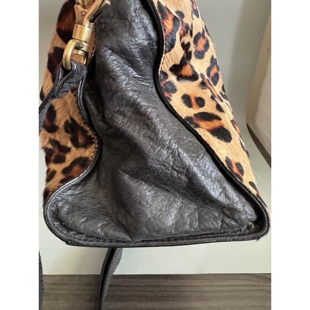 Vintage 90s Nordstrom Leopard Calf Hair & Leather Satchel Bag – Turn Lock Black - Picture 5 of 13